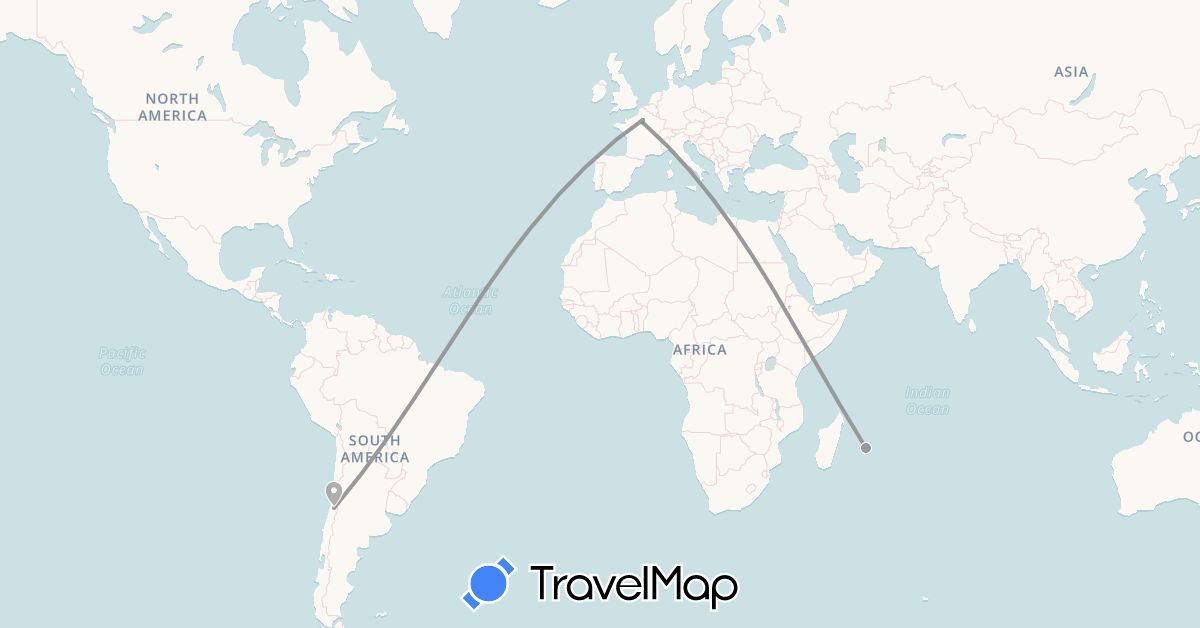 TravelMap itinerary: bus, plane in Chile, France, Réunion (Africa, Europe, South America)